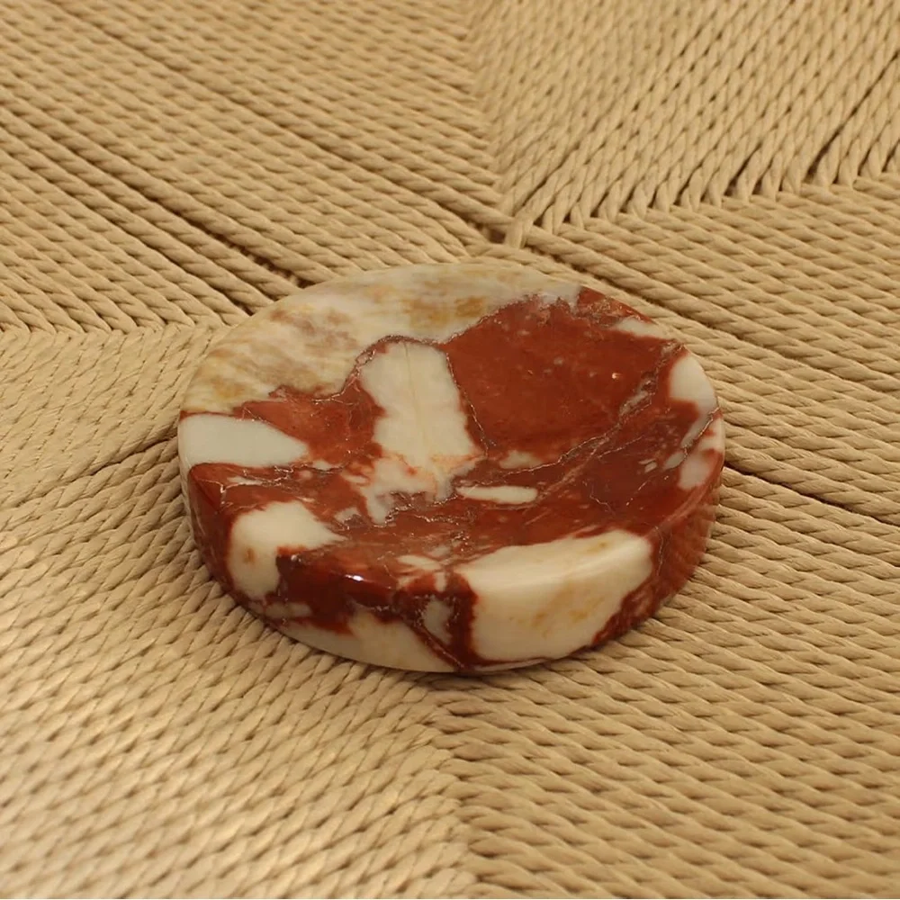 NWT Natural Calacatta Red Marble Soap Dish, Round Small Jewelry Dish